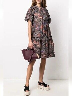 Ulla Johnson Delia Ruffle Floral Tiered Mini Dress in Brown Sunburst Cotton